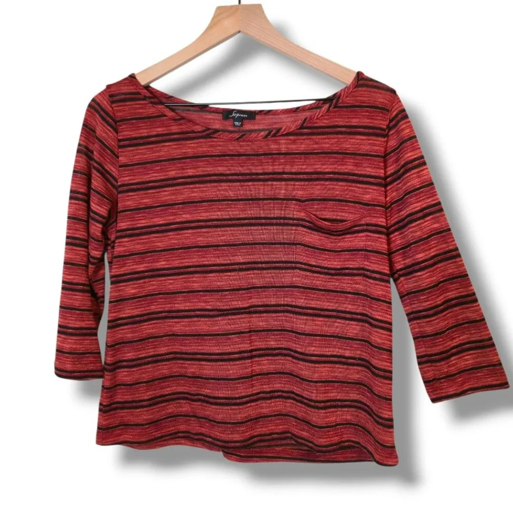 Soprano t-shirt womens Medium Striped pocket red 3/4 sleeve boat neck
